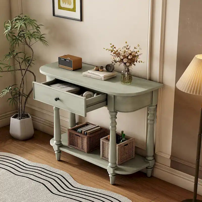 Console étroite rétro avec coin arrondi, tiroir supérieur et étagère ouverte