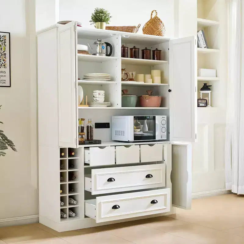 Armoire de cuisine autoportante haute Whisen 71, grand buffet de rangement pour salle à manger avec 4 portes pliantes, étagères et casiers à vin
