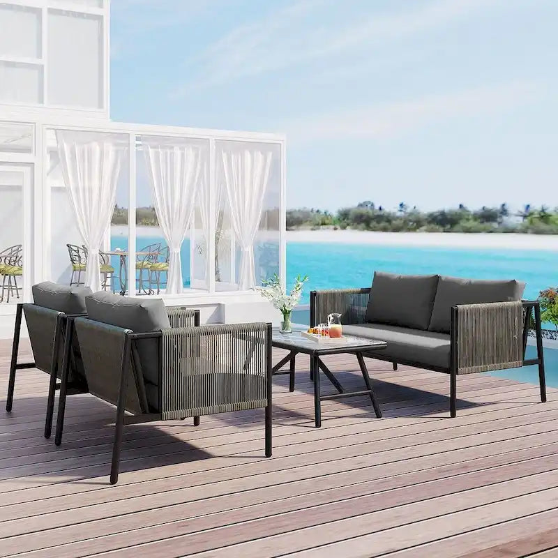 Salon de jardin 4 pièces en corde pour 4 personnes avec coussins et table en verre