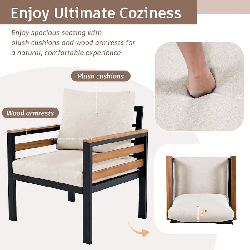 Ensemble de canapé d’extérieur 4 pièces pour 5 personnes avec table basse en bois massif et coussins amovibles