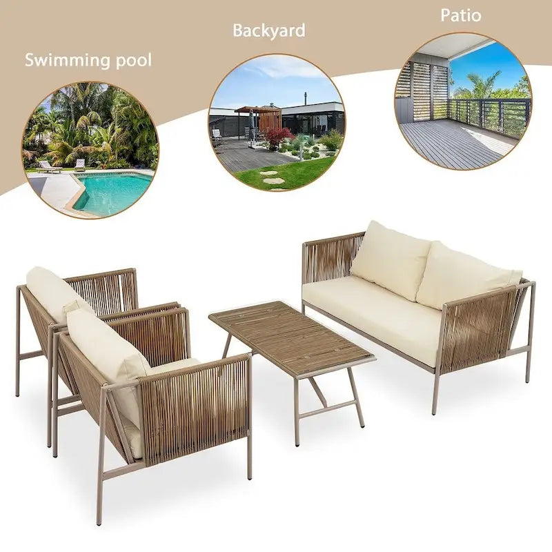 Salon de jardin 4 pièces en corde pour 4 personnes avec coussins et table en verre