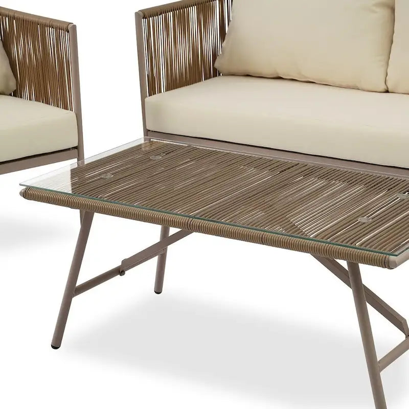 Salon de jardin 4 pièces en corde pour 4 personnes avec coussins et table en verre