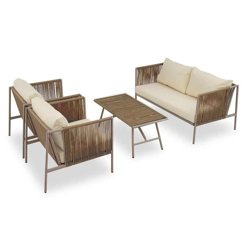 Salon de jardin 4 pièces en corde pour 4 personnes avec coussins et table en verre