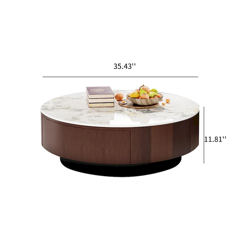 Table basse ronde moderne de 35 en faux marbre, plateau en pierre frittée blanche brillante, table de style milieu du siècle avec tiroir en bois massif