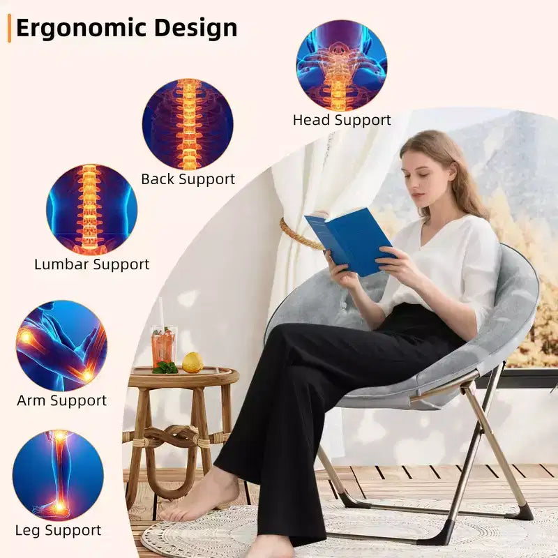 Fauteuil soucoupe, fauteuil moelleux en fausse fourrure, fauteuil lune avec structure métallique pliable, siège d'appoint floral