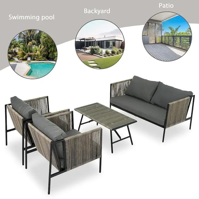Salon de jardin 4 pièces en corde pour 4 personnes avec coussins et table en verre