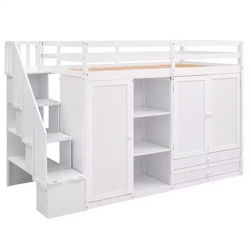 Lit mezzanine fonctionnel 93.3 avec armoires, étagères, tiroirs et échelle de rangement