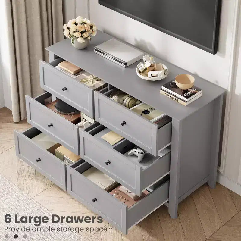 Commode à 6 tiroirs pour chambre à coucher, grande commode avec tiroirs profonds et poignées en métal, commodes modernes en bois pour entrée, couloir