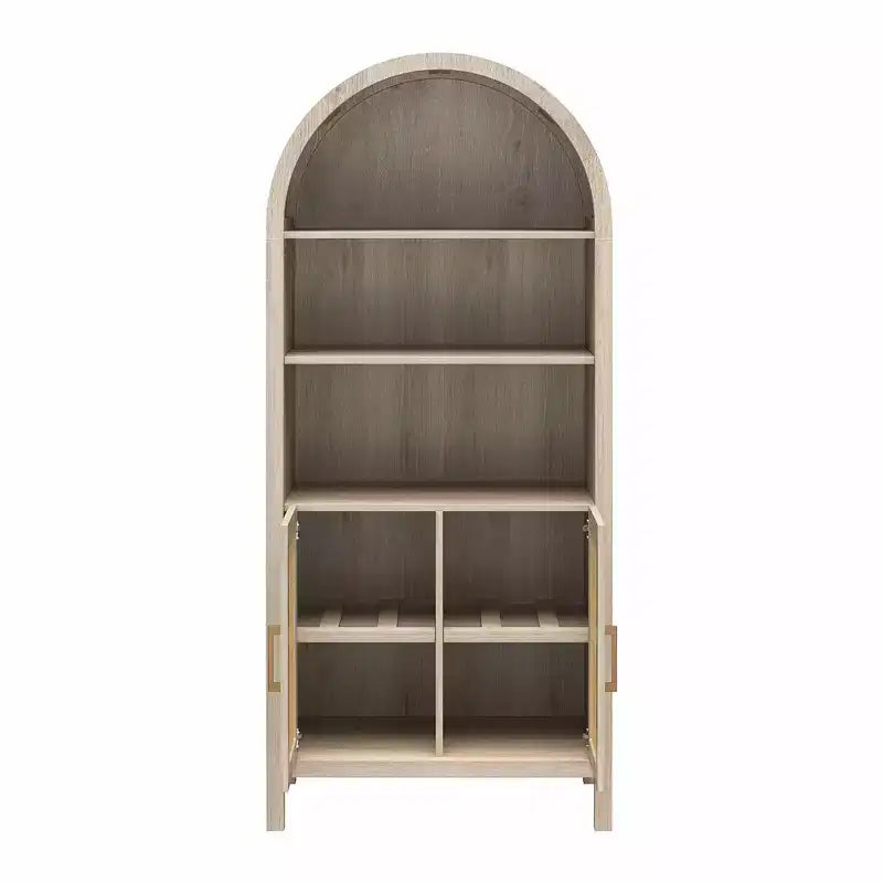 Meuble de Rangement Bohème à Arches avec 2 Portes en Faux Rotin, 5 Étagères Réglables pour Salon, Cuisine, Beige