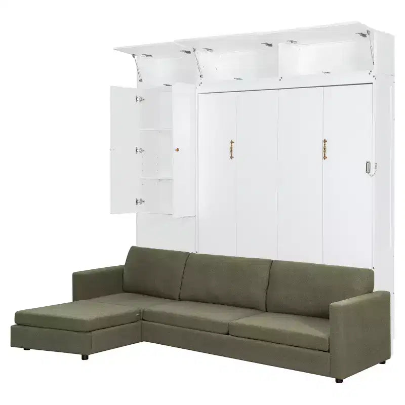 Lit escamotable Queen size avec canapé et armoire, Lit mural Queen en bois avec étagères, Lit escamotable pour chambre d'amis ou bureau