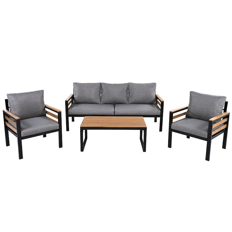 Ensemble de canapé d’extérieur 4 pièces pour 5 personnes avec table basse en bois massif et coussins amovibles