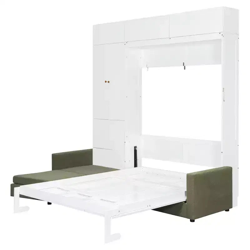 Lit escamotable Queen size avec canapé et armoire, Lit mural Queen en bois avec étagères, Lit escamotable pour chambre d'amis ou bureau