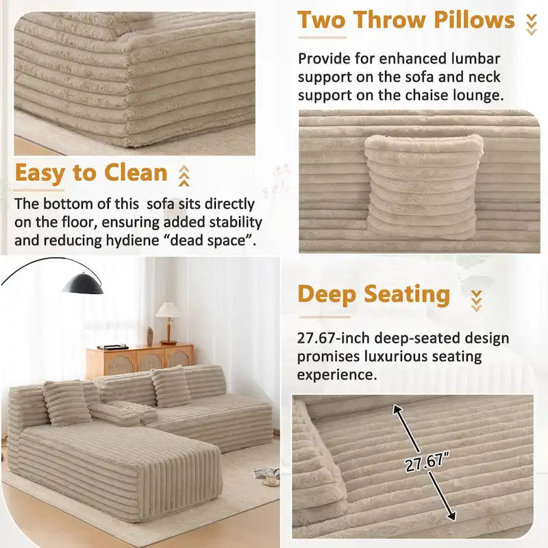 Canapé d’angle Cloud, canapé moderne rembourré avec 2 coussins décoratifs, canapé modulable combiné, canapé d’angle modulable en L