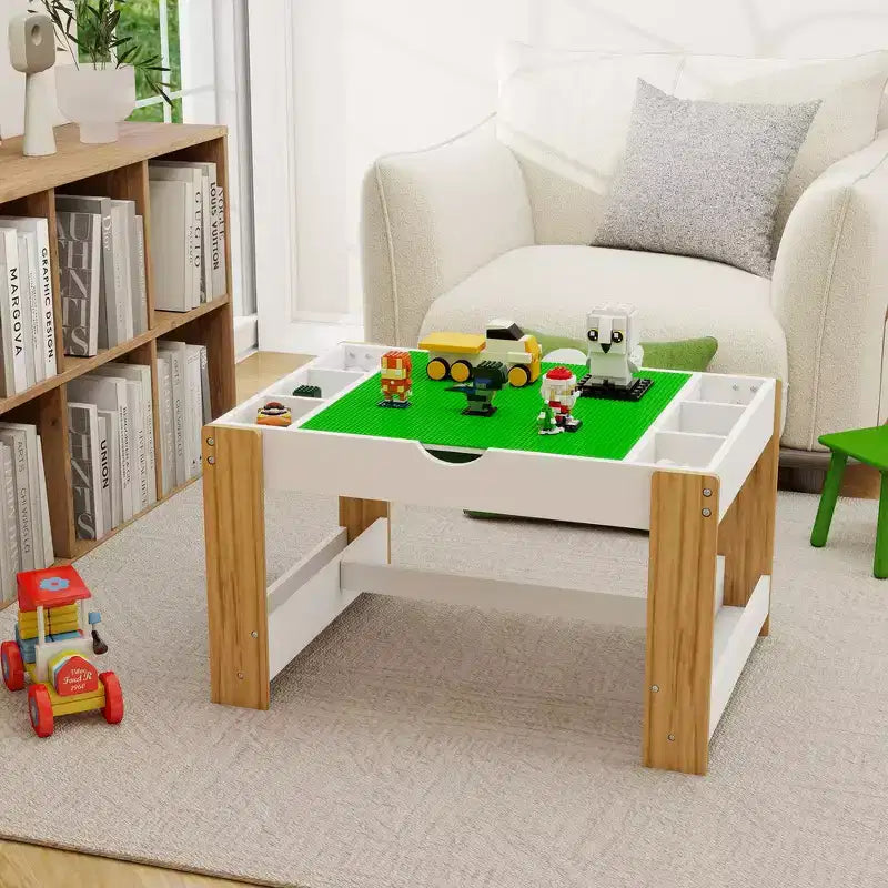 Table de jeu 2-en-1 Whisen Kids avec 7 compartiments de rangement, compatible avec les briques de construction LEGO - Blanc et Vert