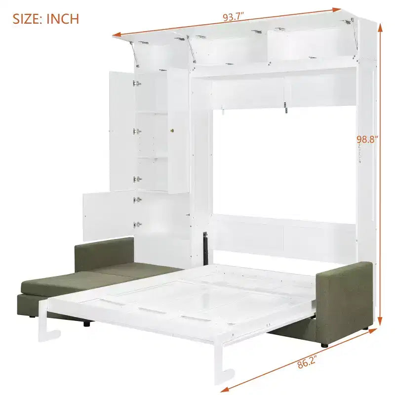 Lit escamotable Queen size avec canapé et armoire, Lit mural Queen en bois avec étagères, Lit escamotable pour chambre d'amis ou bureau