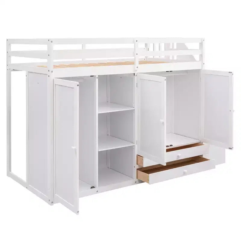 Lit mezzanine fonctionnel 93.3 avec armoires, étagères, tiroirs et échelle de rangement
