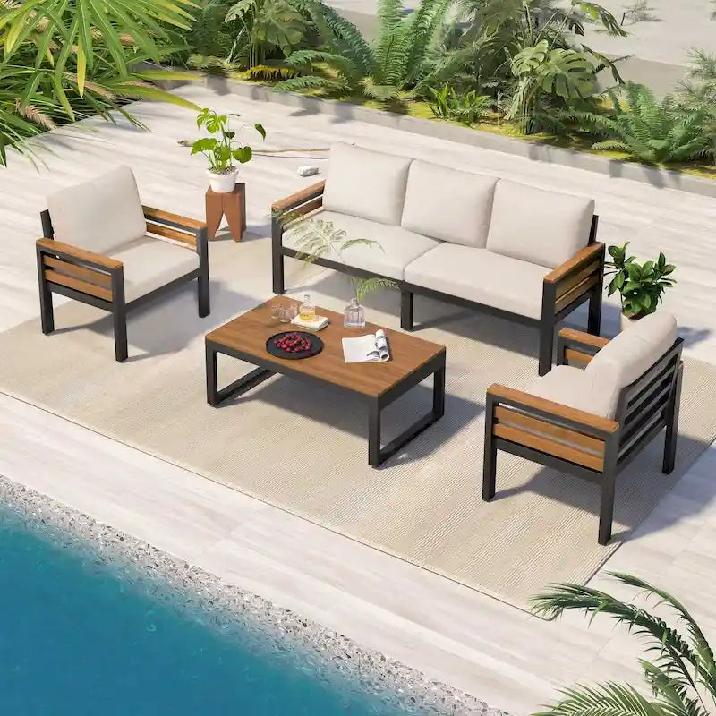 Ensemble de canapé d’extérieur 4 pièces pour 5 personnes avec table basse en bois massif et coussins amovibles