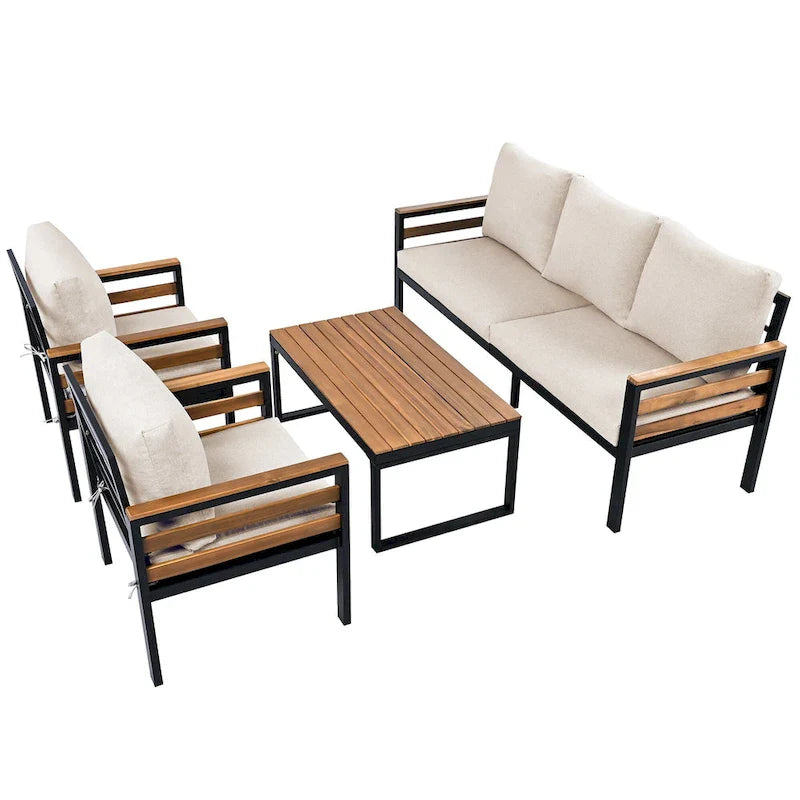 Ensemble de canapé d’extérieur 4 pièces pour 5 personnes avec table basse en bois massif et coussins amovibles