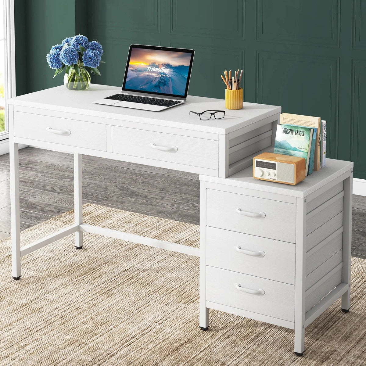 Bureau d'ordinateur réversible avec 5 tiroirs, bureau de travail à domicile avec caisson de rangement pour dossiers et support pour imprimante
