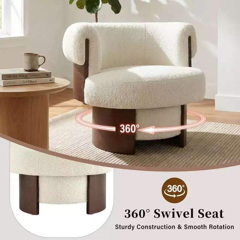 Fauteuil tonneau pivotant à 360° Whisen avec design sculptural en bois cintré, structure en bois massif, 32 po de largeur, polyvalent pour le salon et la chambre à coucher