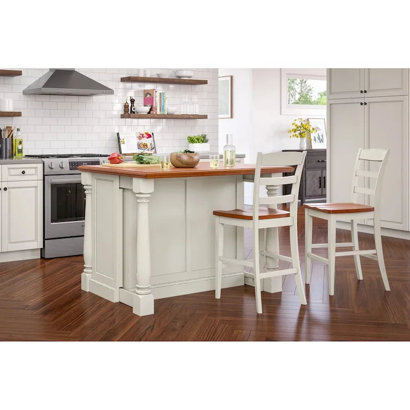 Ensemble îlot de cuisine 3 pièces Homestyles Monarch en bois blanc cassé avec plateau en bois à abattant - 48 x 25 x 36
