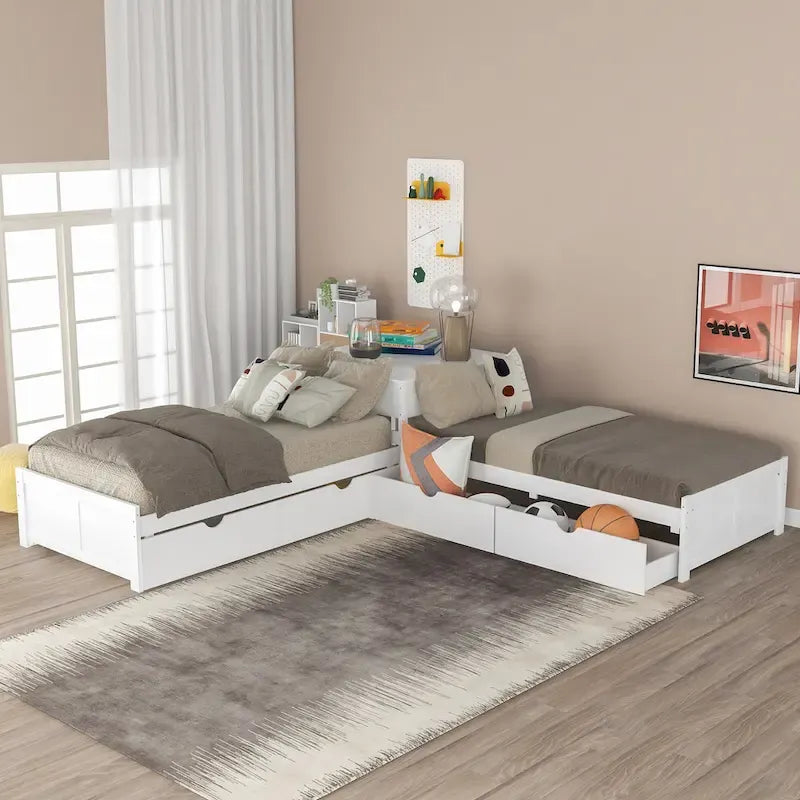 Lit plateforme moderne blanc en forme de L pour deux personnes avec lit gigogne et tiroirs pour chambre à coucher