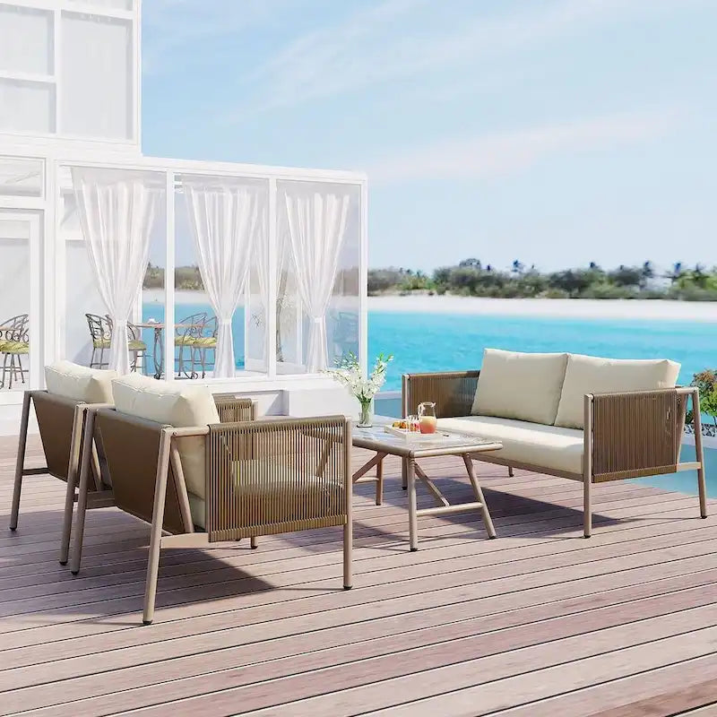 Salon de jardin 4 pièces en corde pour 4 personnes avec coussins et table en verre